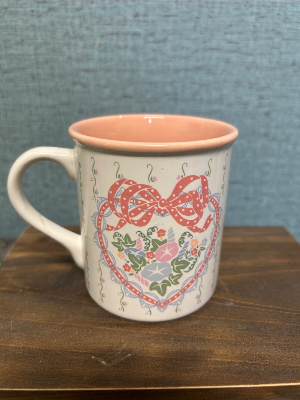 Vintage Pink Blue Morning Glories with Heart Ribbon Coffee Mug Cup